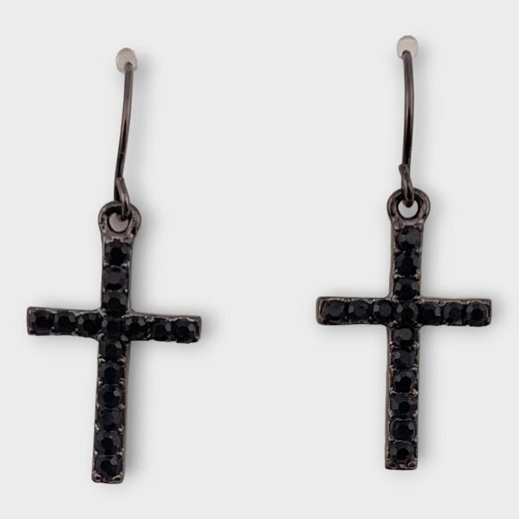 Vintage Black Spanish Crystal Cross Earrings - Picture 6 of 9